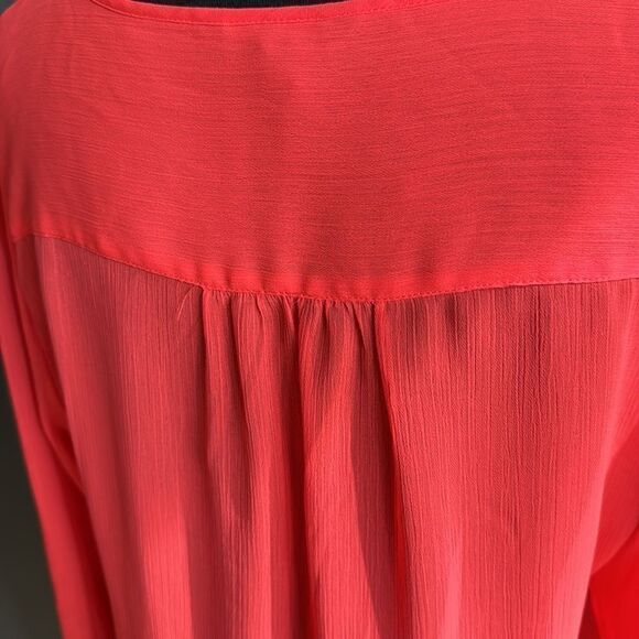 Express day glo orange sheer tuxedo pleat clear sequin bodice roll sleeve top. M - Picture 6 of 8